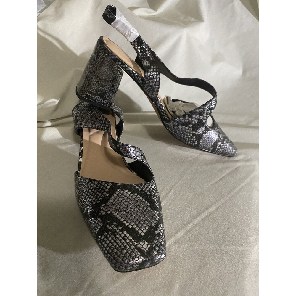 Clmhoe Womens 10M Slingback Pumps Black Metallic Snake Square Toe Block Heels